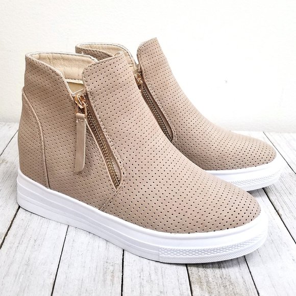 Shoes - New Beige Perforated Wedge Platform Sneakers